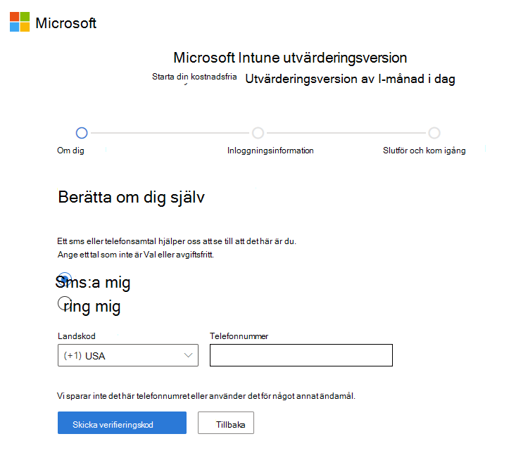 Skärmbild av sidan Microsoft Intune konfigurera konto – Skicka verifieringskod