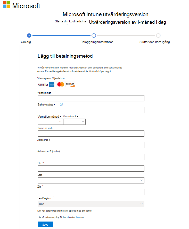 Skärmbild av Microsoft Intune konfigurera kontosida – Lägg till betalningsmetod