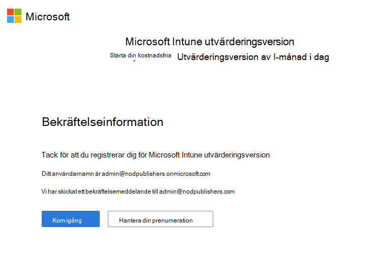 Skärmbild av Microsoft Intune konfigurera kontosida – bekräftelseinformation