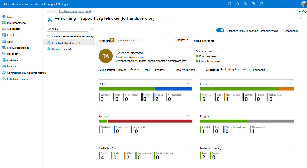 Intune felsökningsinstrumentpanel