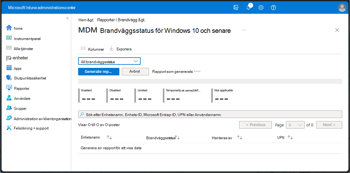 Visa rapporten Brandväggsstatus