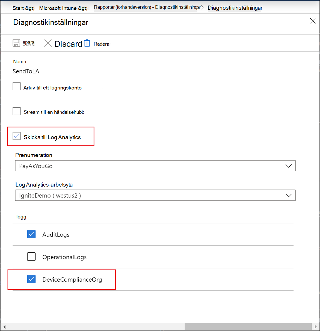 Intune Rapporter – Diagnostikinställningar