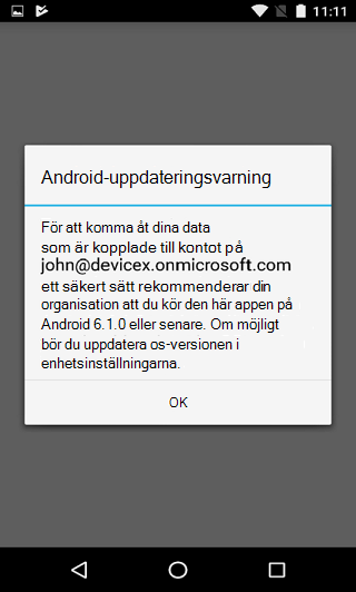 Bild av varningsdialogrutan för Android-uppdatering