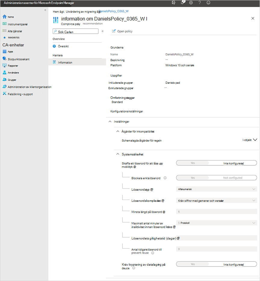 Skärmbild av informationssidans exempel i Microsoft Intune administrationscenter efter migrering av Microsoft 365 Basic mobilitets- och säkerhetsprinciper för att Intune