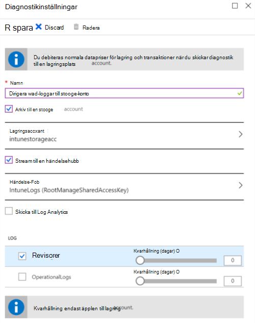 Skärmbild som visar hur du skickar Microsoft Intune granskningsloggar till ett Azure Storage-konto.