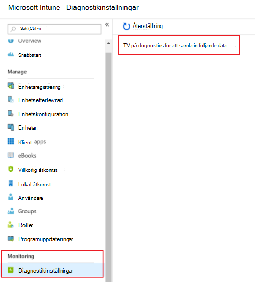 Skärmbild som visar hur du aktiverar diagnostikinställningar i Microsoft Intune för att skicka loggar till Azure Monitor.