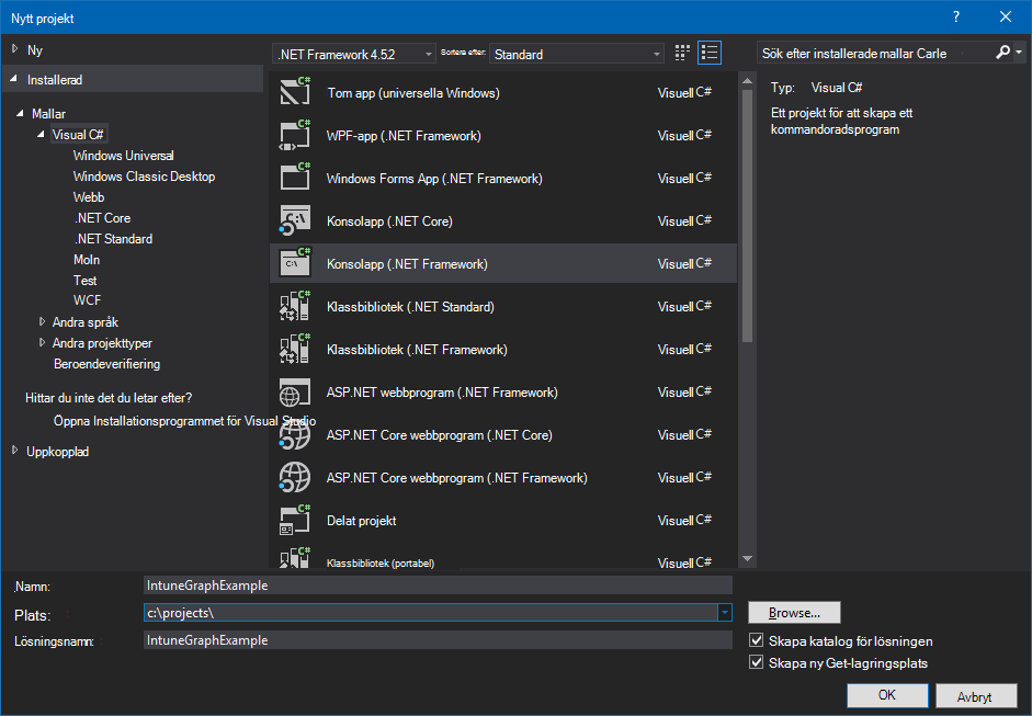 Skapa ett C#-konsolappprojekt i Visual Studio