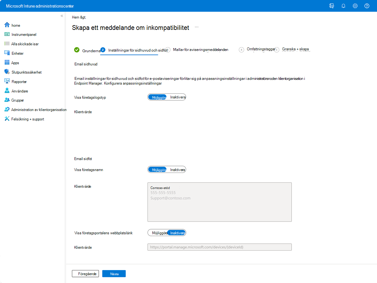 Skärmbild som visar exempel på sidan Inställningar för sidhuvud och sidfot för ett meddelande i Intune.