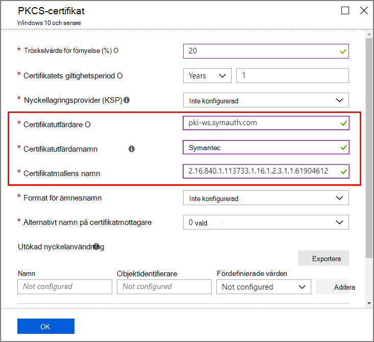 Val för certifikatutfärdare och certifikatmall