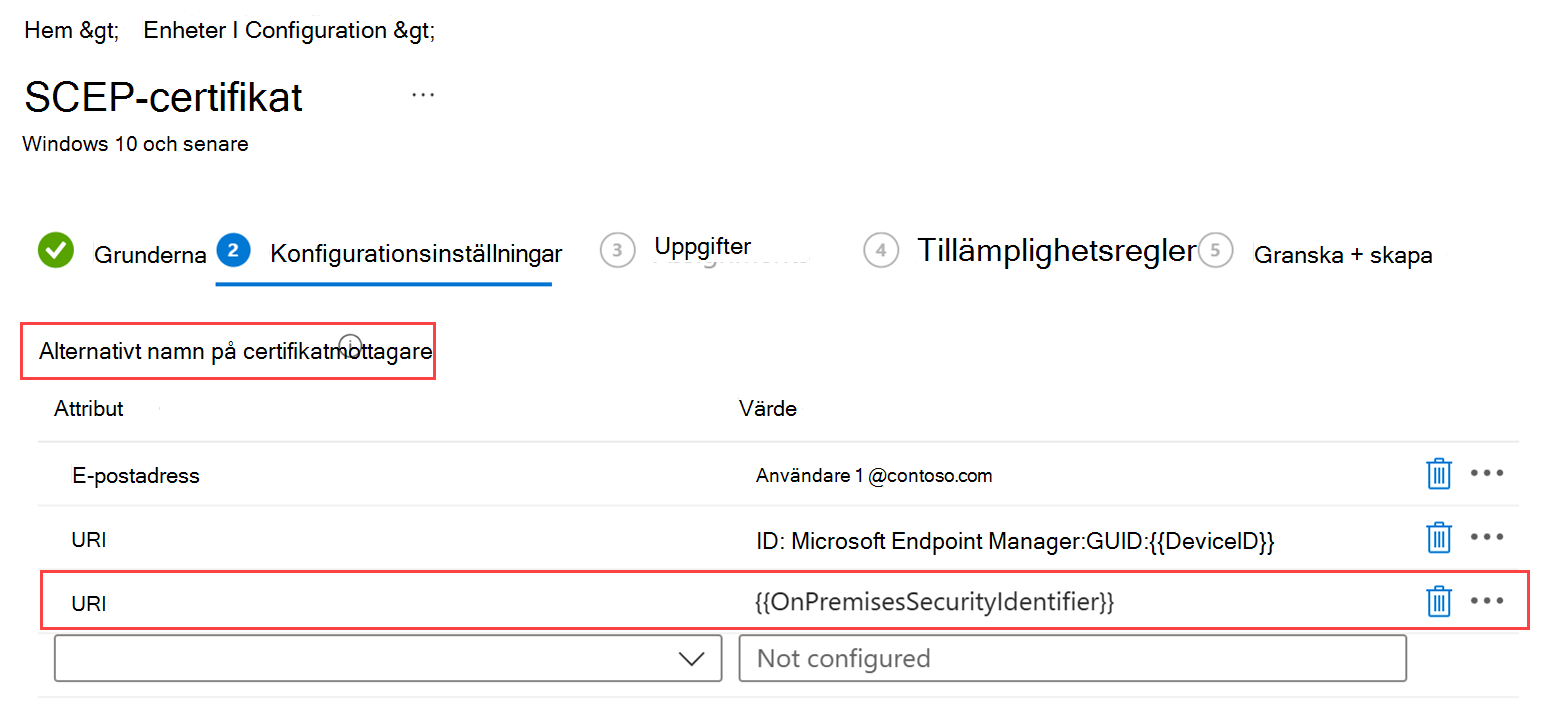 Skärmbild av SCEP-certifikatprofilen som markerar avsnittet Alternativt ämnesnamn och slutförda URI- och värdefält.