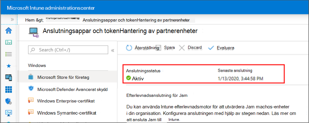 Anslutningsstatus är aktiv