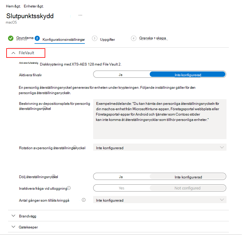 Skärmbild som visar FileVault-inställningar.