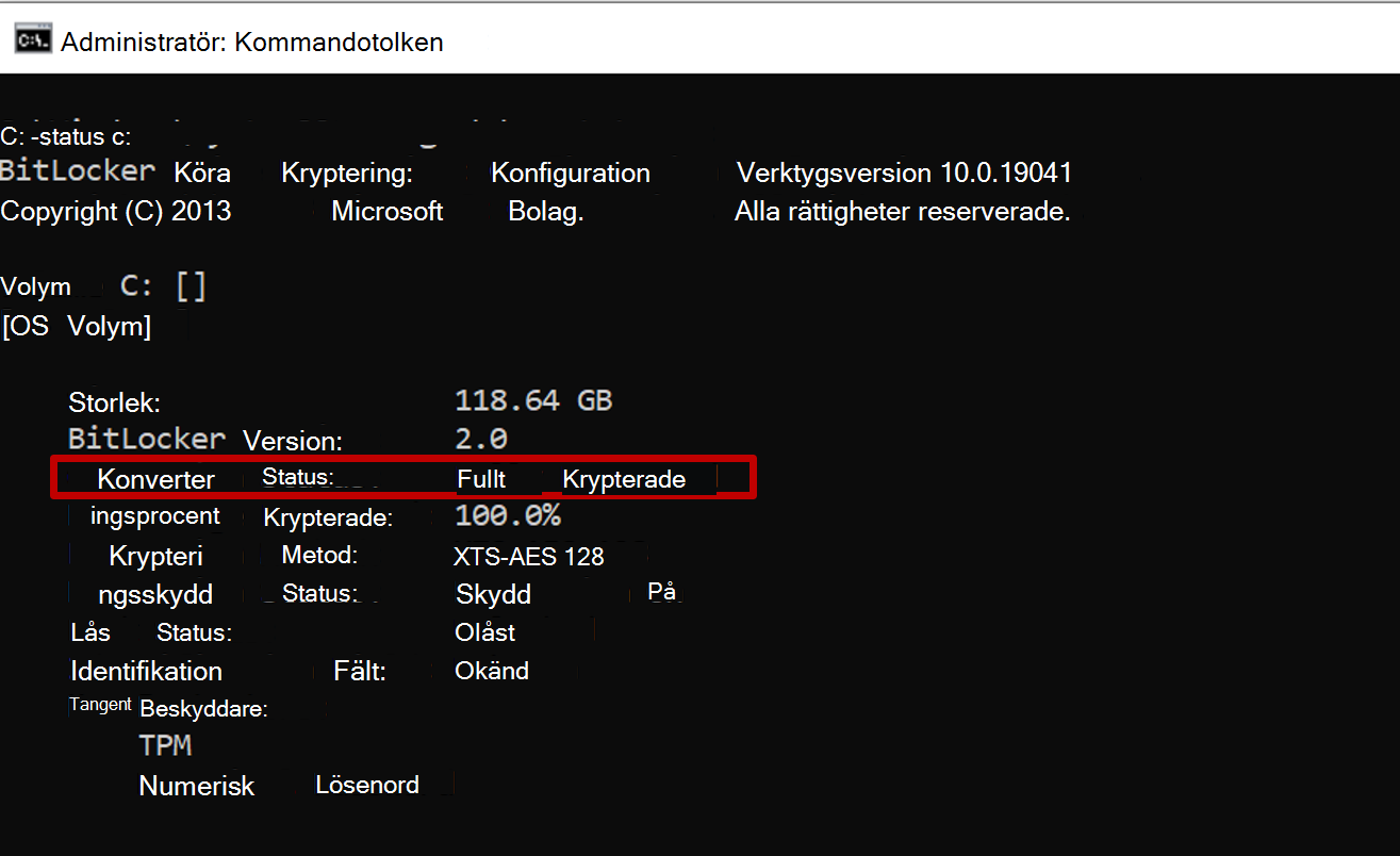 Skärmbild av administrativ kommandotolk som visar utdata från manage-bde med konverteringsstatus som återspeglar använt utrymme endast kryptering.