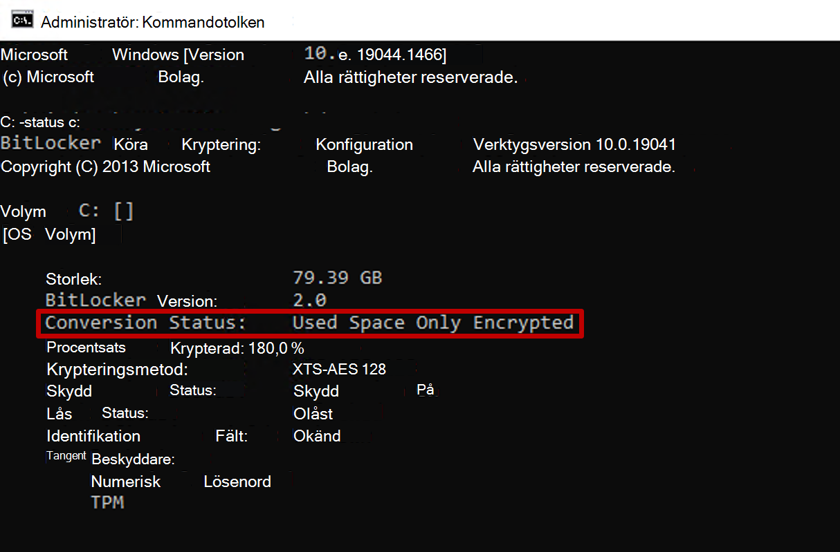 Skärmbild av administrativ kommandotolk som visar utdata från manage-bde med konverteringsstatus som återspeglar fullständigt krypterad.