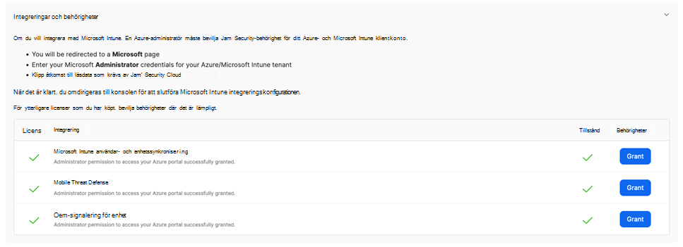Skärmbild av integreringar och behörigheter för Jamf.