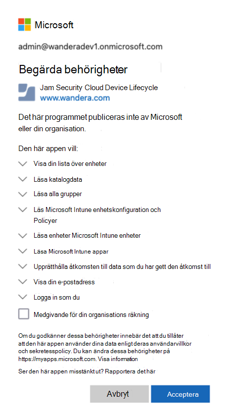 Skärmbild av de behörigheter som du accepterar.