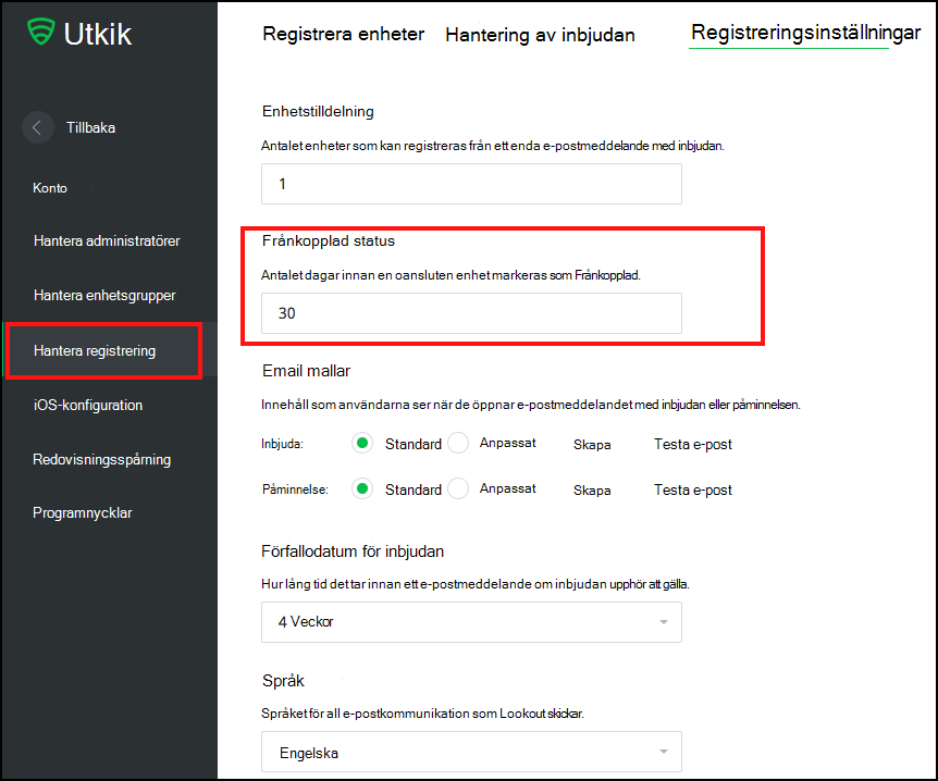 Lookout-registreringsinställningar i systemmodulen