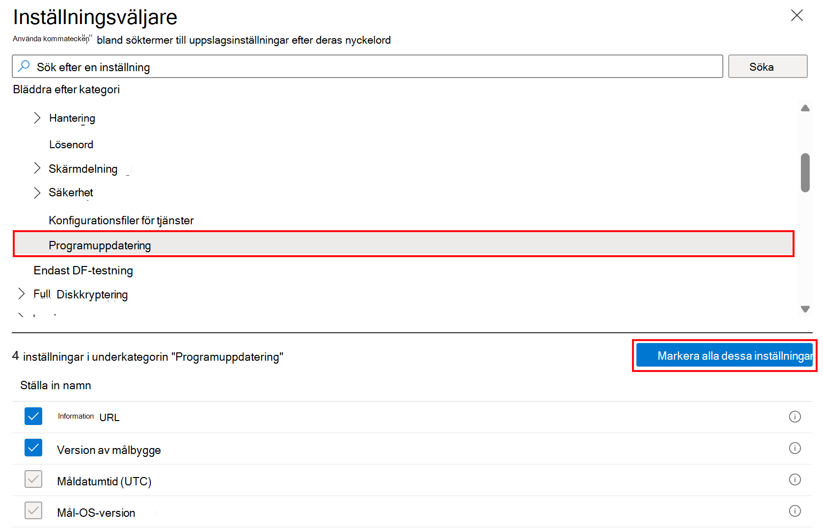 Skärmbild som visar inställningar för programuppdateringsinställningar för Apple-enheter i Microsoft Intune.