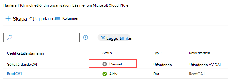 Exempelskärmbild som markerar kolumnen Status i tabellen med certifikatutfärdare.