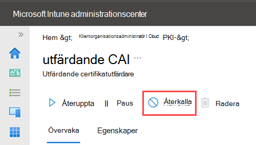 Exempel på skärmbild som markerar åtgärden Återkalla för certifikat certifikatet.