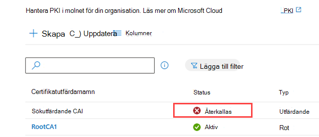 Exempel på skärmbild av CA-listan med den återkallade statusen markerad.