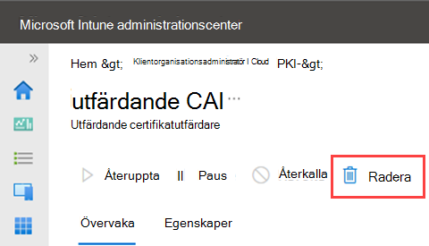 Exempel på skärmbild som markerar borttagningsåtgärden för en utfärdande certifikatutfärdaradress.