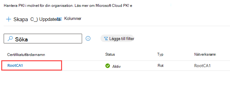 Exempel på skärmbild av CA-listan som markerar en rotcertifikatutfärdare.