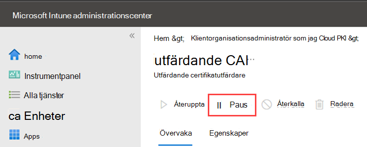 Exempel på skärmbild som markerar åtgärden Pausa för Cloud PKI.