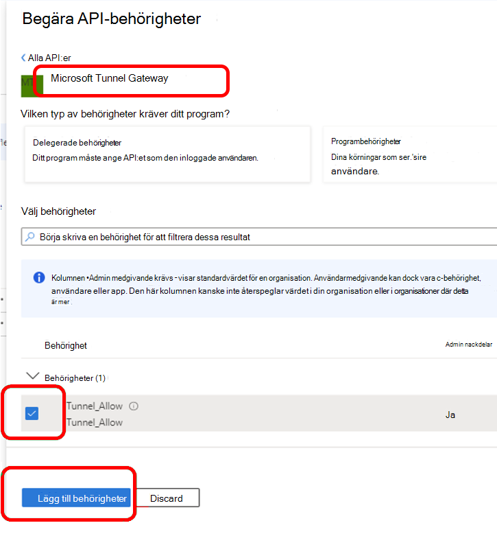 Konfigurera API-behörigheter för Microsoft Tunnel Gateway.