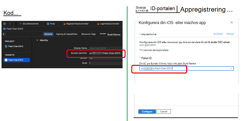 Jämför autentiseringsinställningarna med paket-ID:t i Xcode.