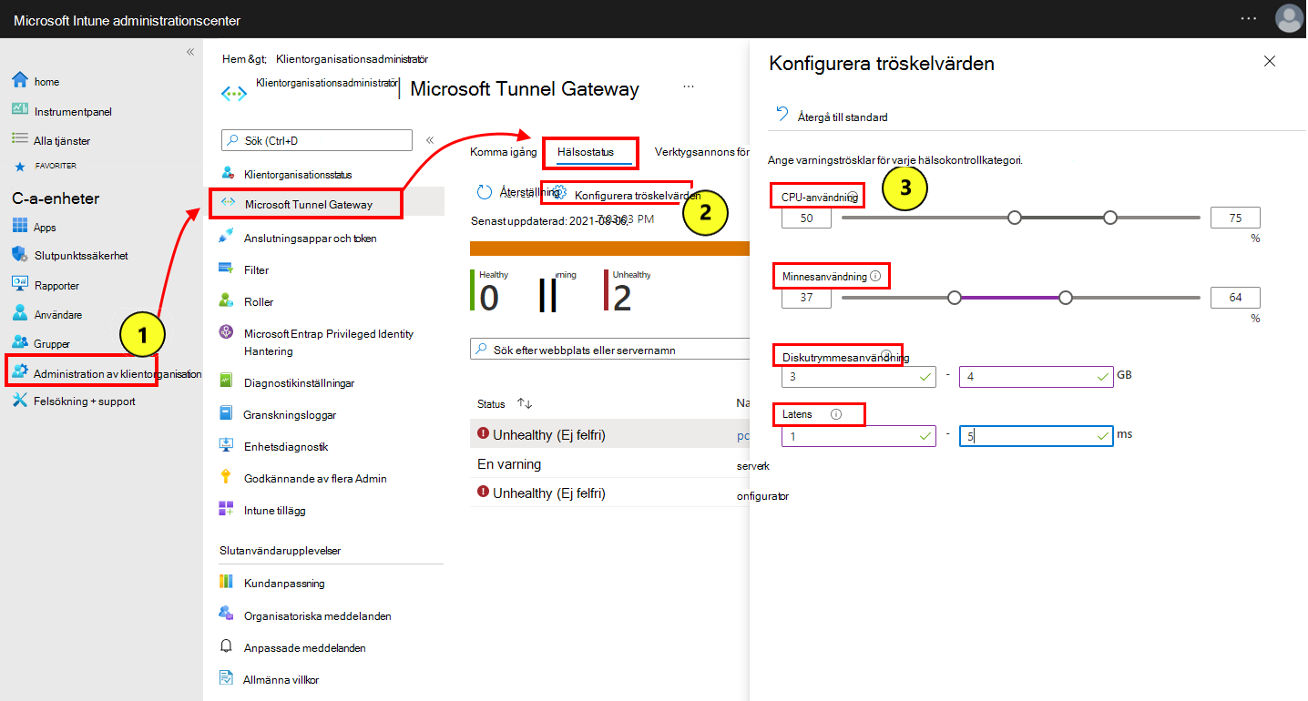 Skärmbild av hur du väljer och konfigurerar tröskelvärden för hälsostatus.