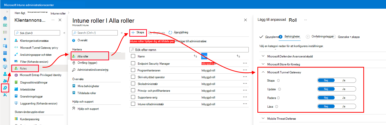 Skärmbild av behörigheterna för tunnelgatewayen i Microsoft Intune administrationscenter.