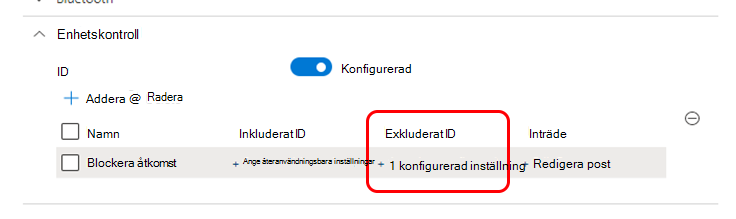 Skärmbild som visar resultatet av att välja en grupp för endast ett exkluderat ID.