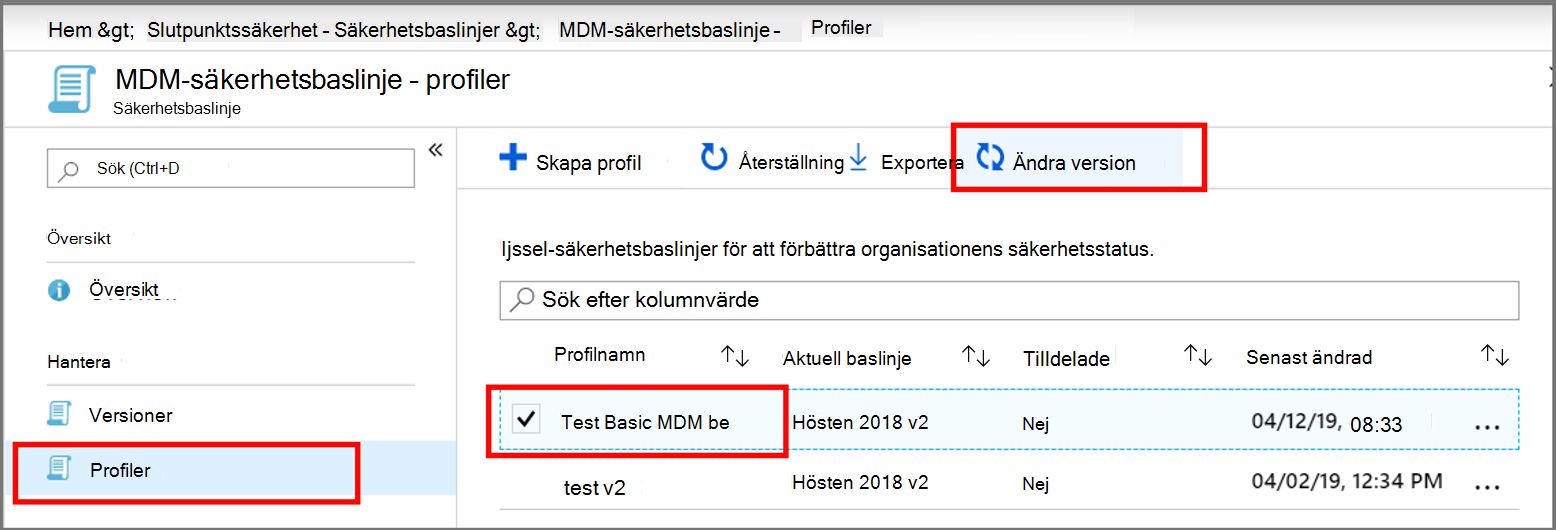 Skärmbild som visar val av baslinje.