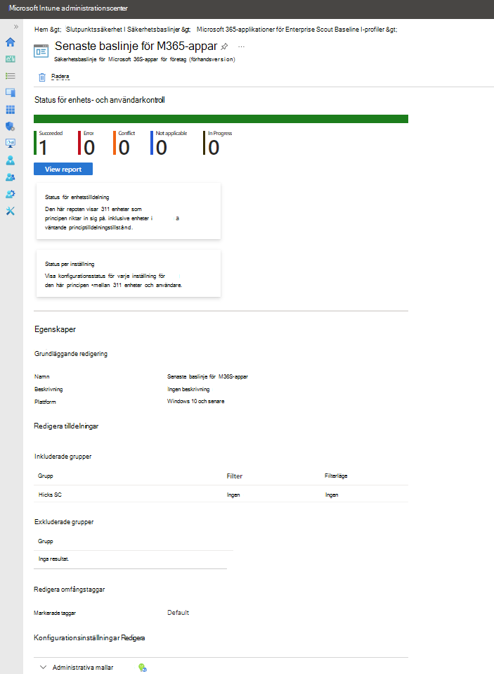 Visa instrumentpanelen för en säkerhetsbaslinjeprofil.