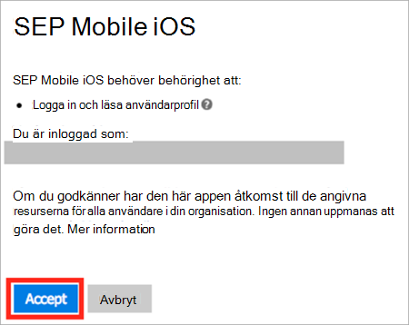 Bild av iOS/iPadOS-app i Intune, inloggningsfråga