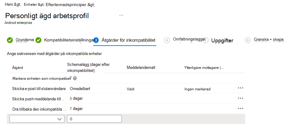 Skärmbild som visar en efterlevnadsprincip med åtgärder för inkompatibilitet i Microsoft Intune administrationscenter.