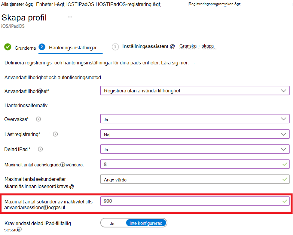 Skärmbild som visar hur du registrerar utan användartillhörighet och anger inaktivitetsvärdet för iOS/iPadOS-enheter i Microsoft Intune administrationscenter.