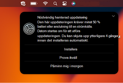 Exempelmeddelandet frågar efter en nödvändig uppdatering på en MacOS Apple-enhet.