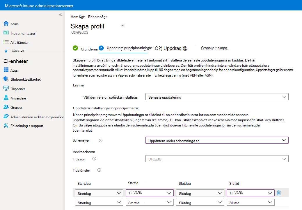 Skärmbild som visar hur du väljer att installera en uppdatering under schemalagd tid i en uppdateringsprincip i Microsoft Intune.