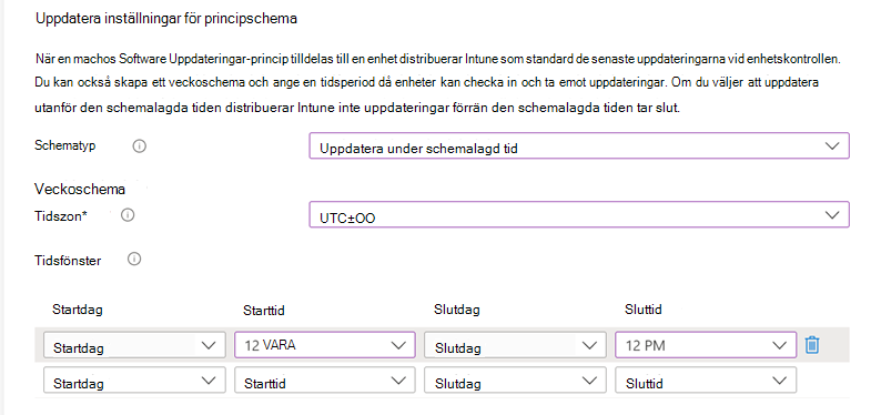 Skärmbild av schemainställningarna för Uppdateringsprincip.