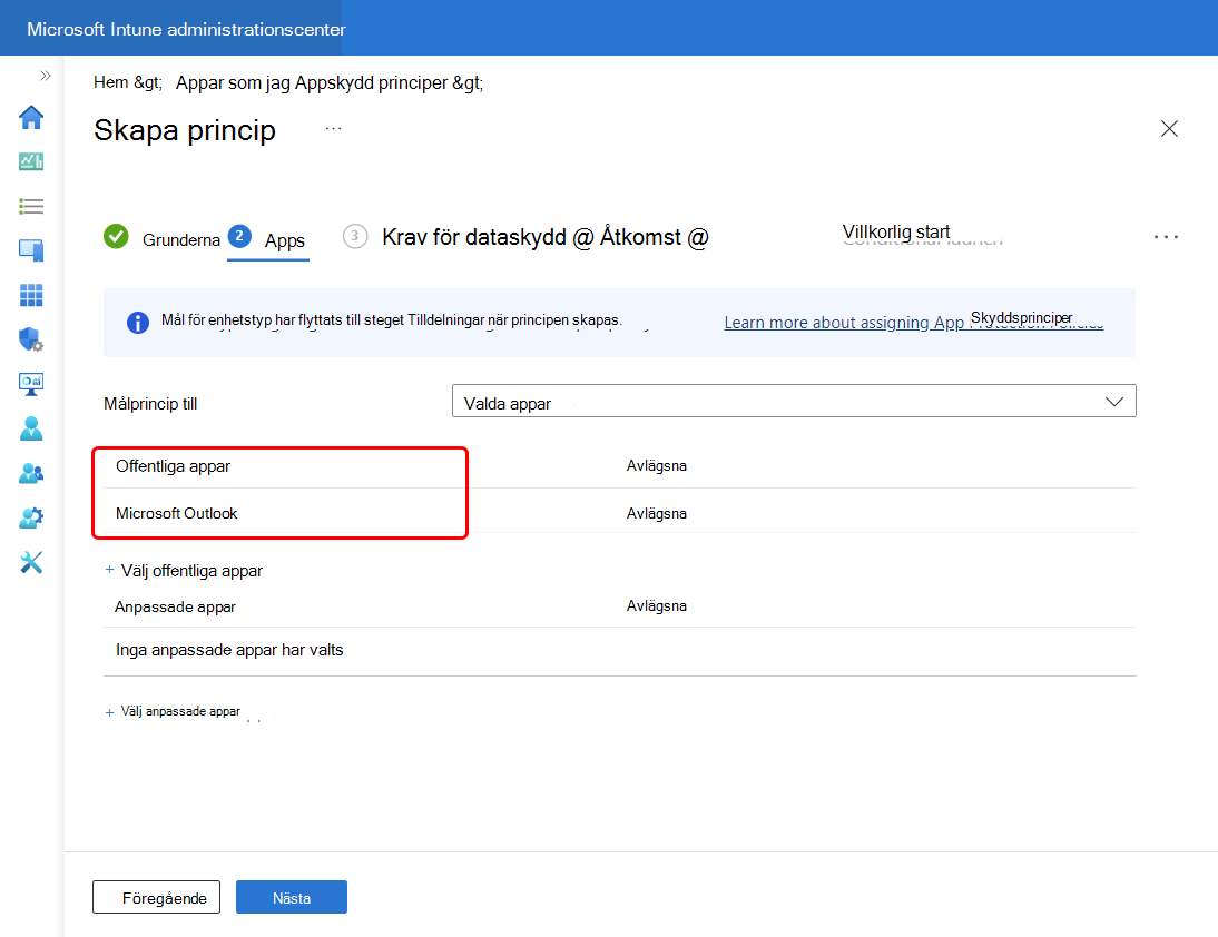Välj Outlook för att lägga till den i listan Offentliga appar för den här principen.