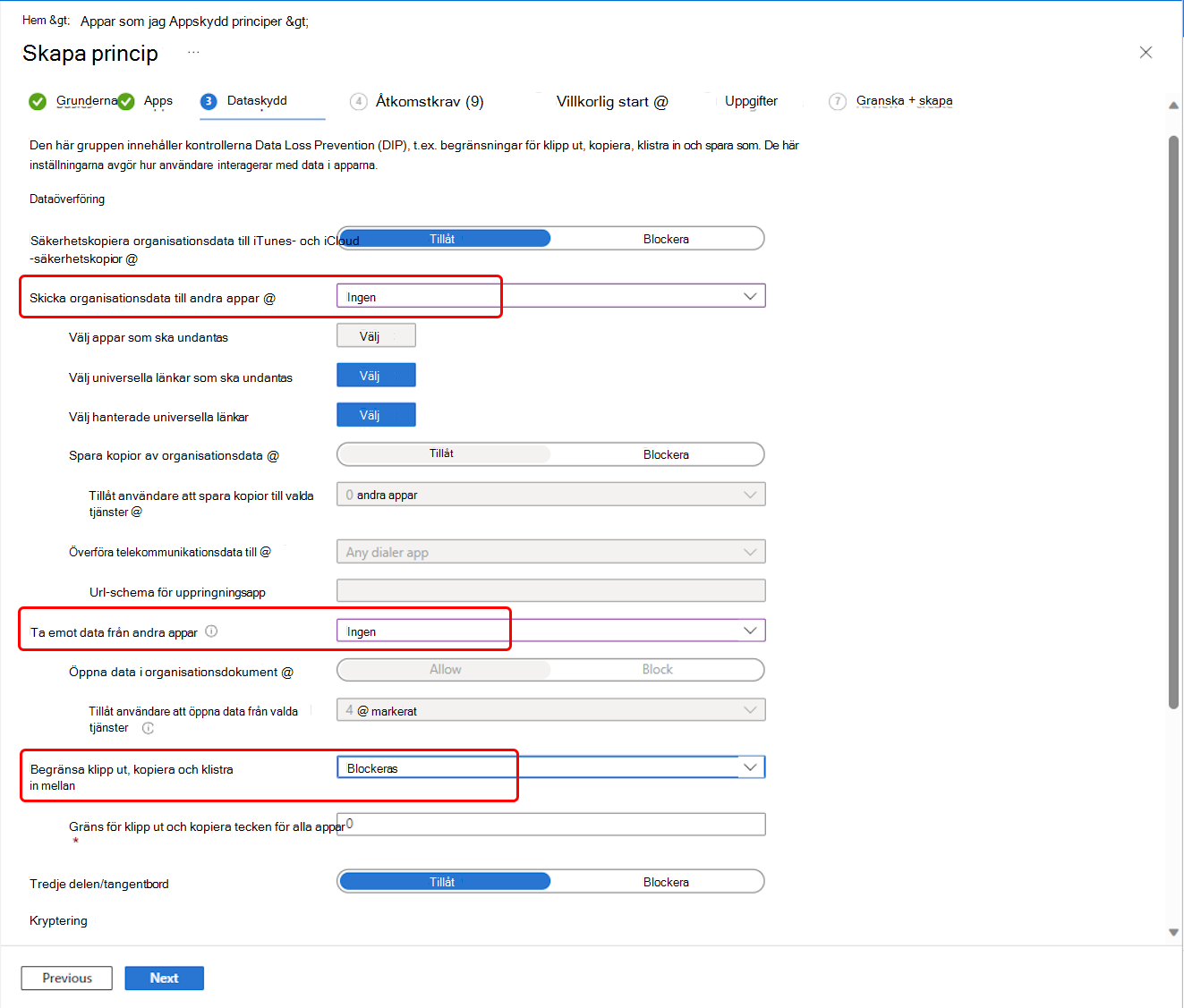 Markera Outlook inställningar för att skydda data i en appskyddsprincip.