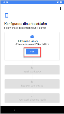 Exempelbild på Skärmen Konfigurera din arbetstelefon med knappen Ange markerad.