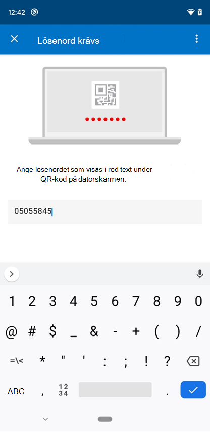 Skärmbild av skärmen lösenord som krävs för Intune app.