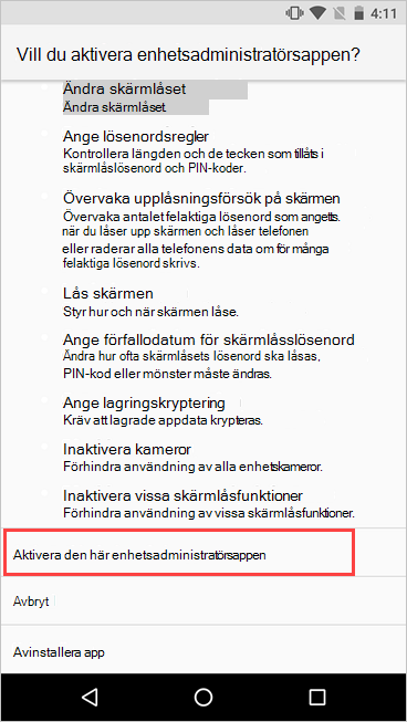 Skärmbild av skärmen Aktivera enhetsadministratör med knappen Aktivera markerad.