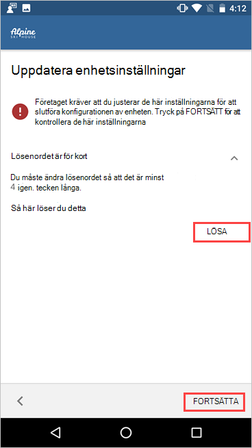 Skärmbild av Företagsportal, Uppdatera enhetsinställningar, med knapparna Lös och Fortsätt markerade.