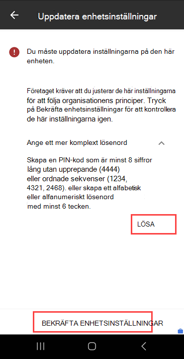 Skärmbild av Företagsportal skärmen Uppdatera enhetsinställningar med knappen LÖS och knappen BEKRÄFTA ENHETSINSTÄLLNINGAR markerad.