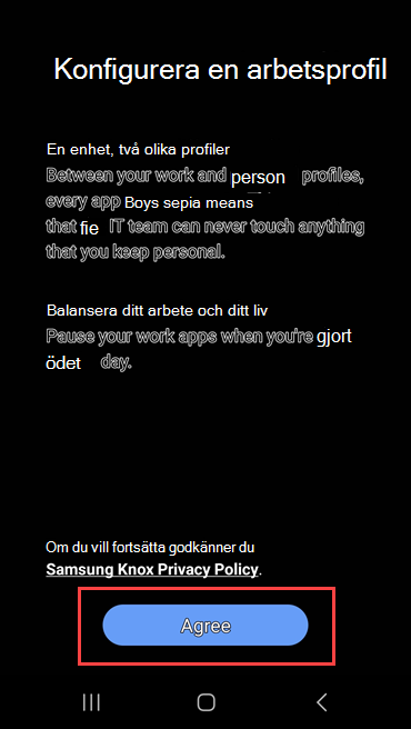 Skärmbild av Företagsportal som visar en länk till Samsung Knox sekretesspolicy och knappen Godkänn markeras.