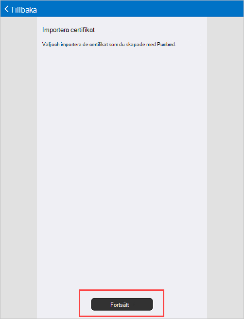 Exempel på skärmbild av skärmen Företagsportal Ange importcertifikat.